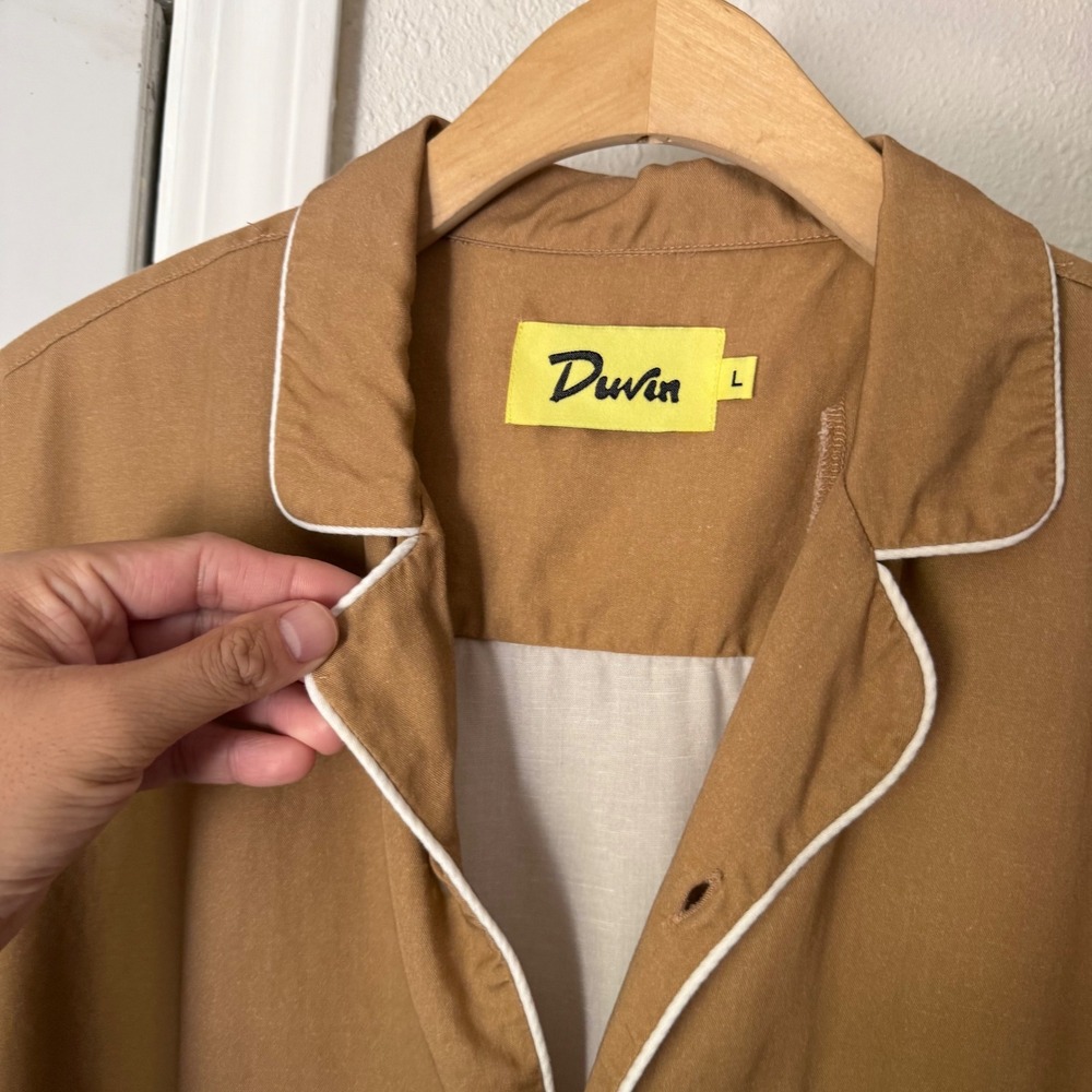 DUVIN khaki tan contrast piping short sleeve button up shirt - Picture 7 of 8